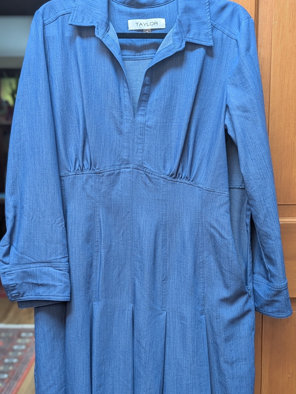 Taylor Denim-Style Collared Long Sleeve Dress in Blue